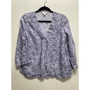 J Jill Love Linen Purple Paisley Boho Popover Blouse Border Print Size Medium